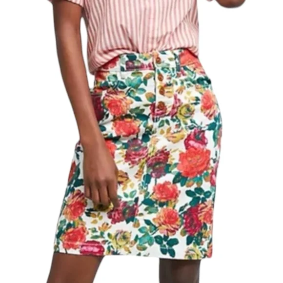 Maeve by Anthropologie Denim Skirt Rose Floral Pockets Button Fly Stretch Size 8 - Picture 5 of 9